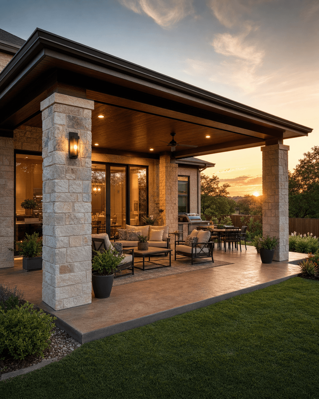 Custom covered patio with metal roof and limestone columns in San Antonio, Texas