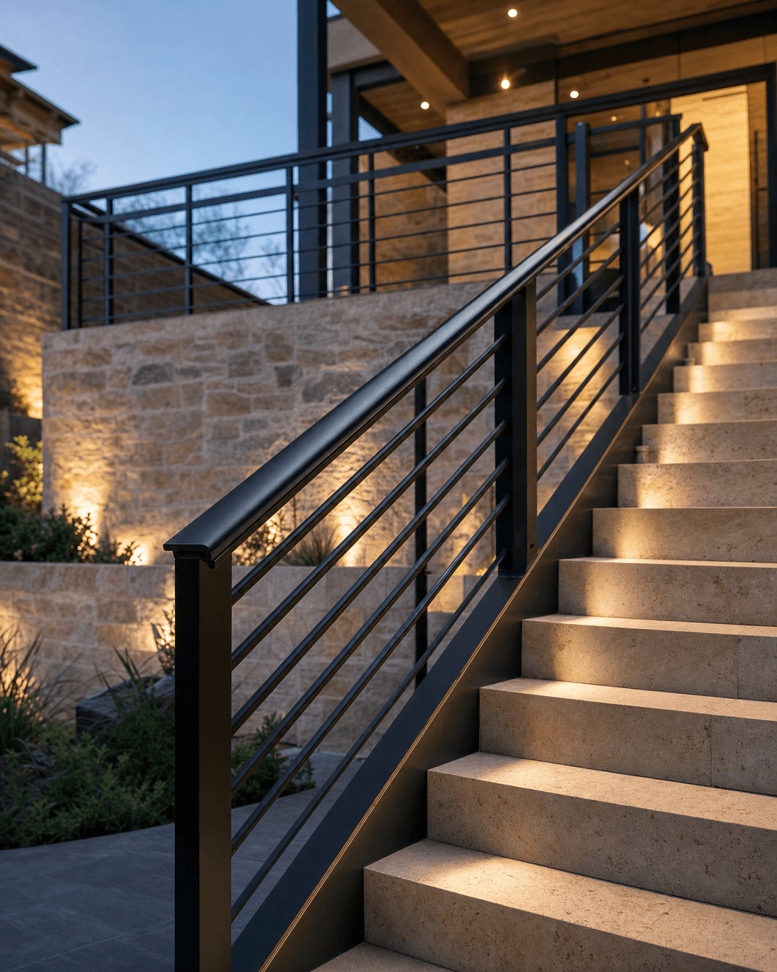 Custom steel stairs and metal handrail at a San Antonio Hill Country home by Klema Builders