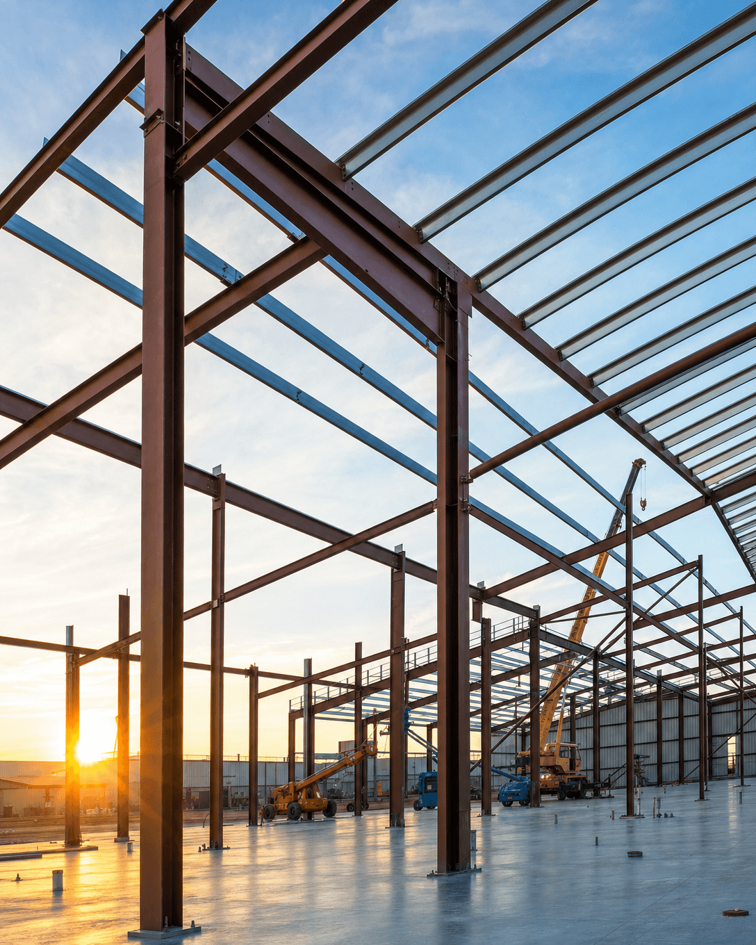 Structural steel warehouse frame being erected near San Antonio, Texas by Klema Builders