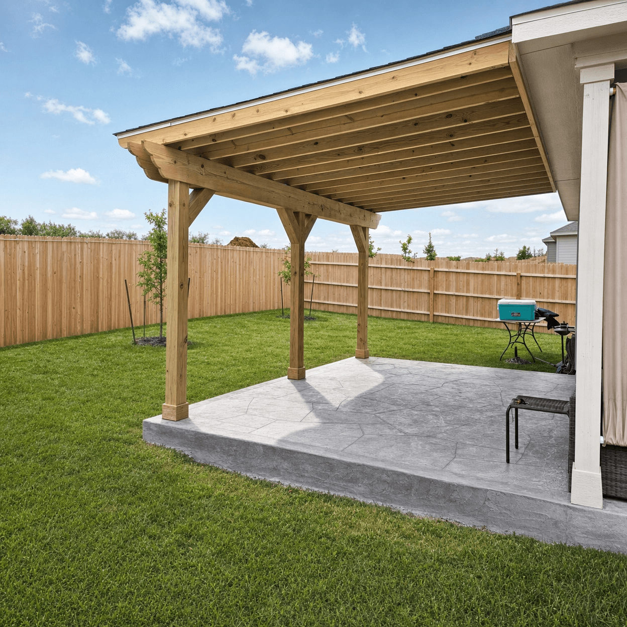 Custom covered patio with metal roof and limestone columns
