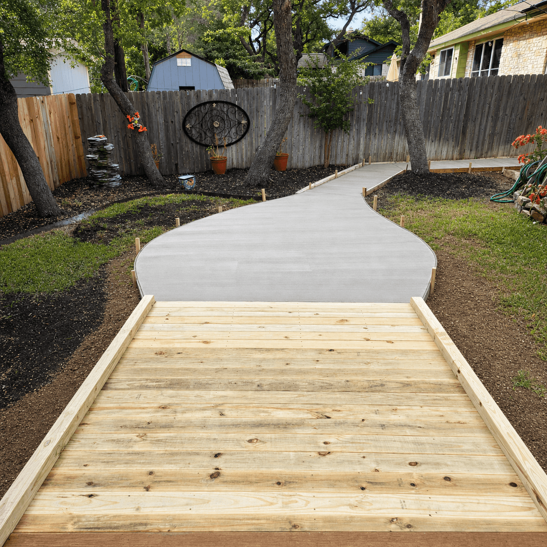 Multi-tier walkway deck with stairs descending to lower entertaining patio